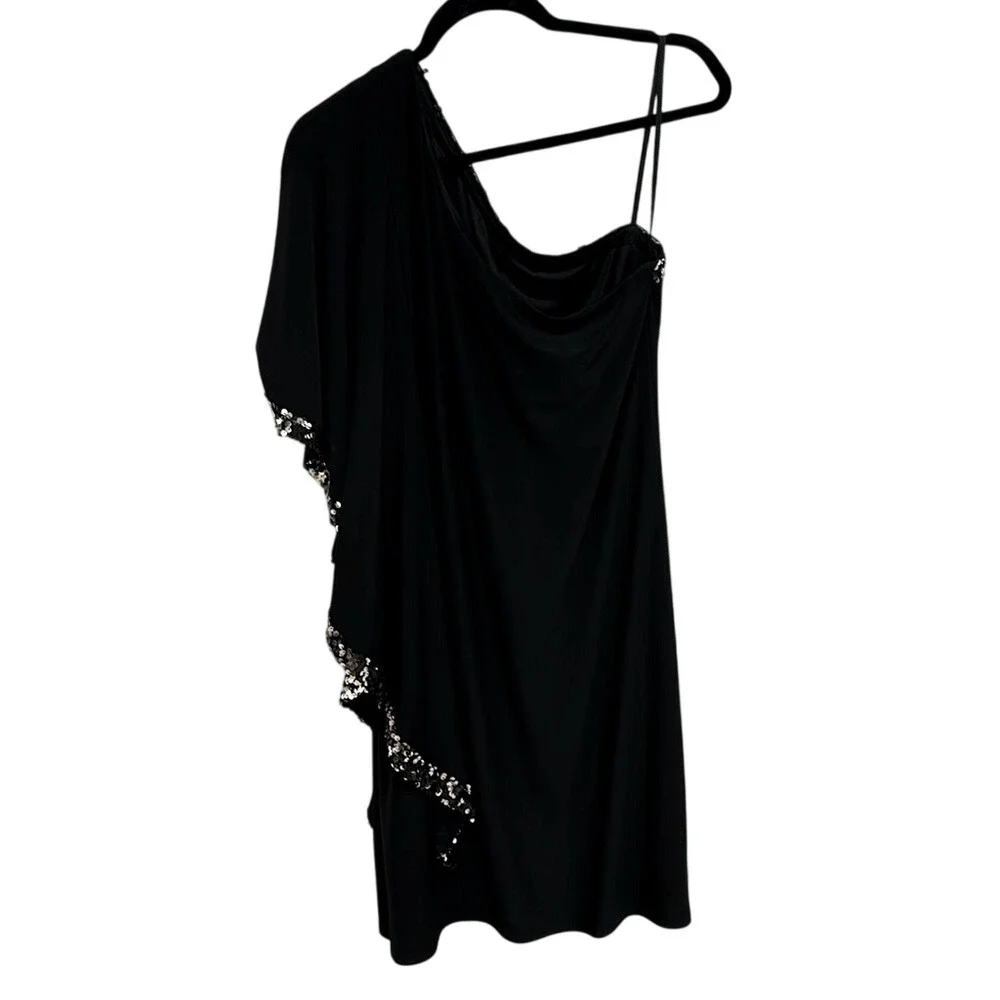Betsy Adam Black One Shoulder Sequin Trim Formal Cocktail Dress Size‎ 12 Holiday